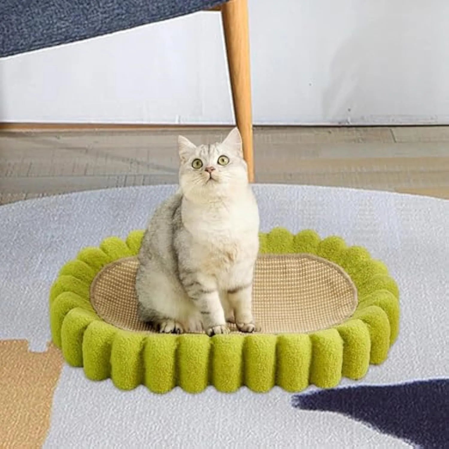 Green oval cat scratch pad bowl with sisal scratching surface measuring 650mm