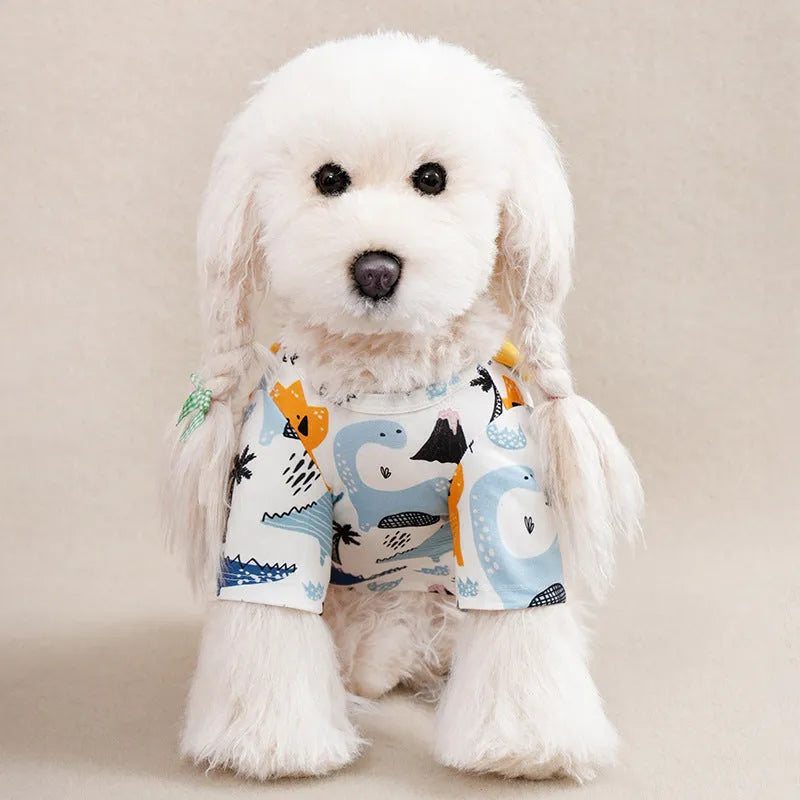 Colourful printed polyester t-shirt on a small dog, showing casual spring and autumn pet clothing.