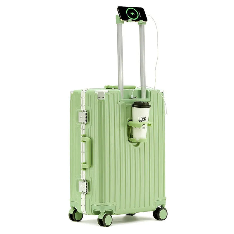 Aluminium frame luggage case in ABS PC material with universal wheels and organisational compartments