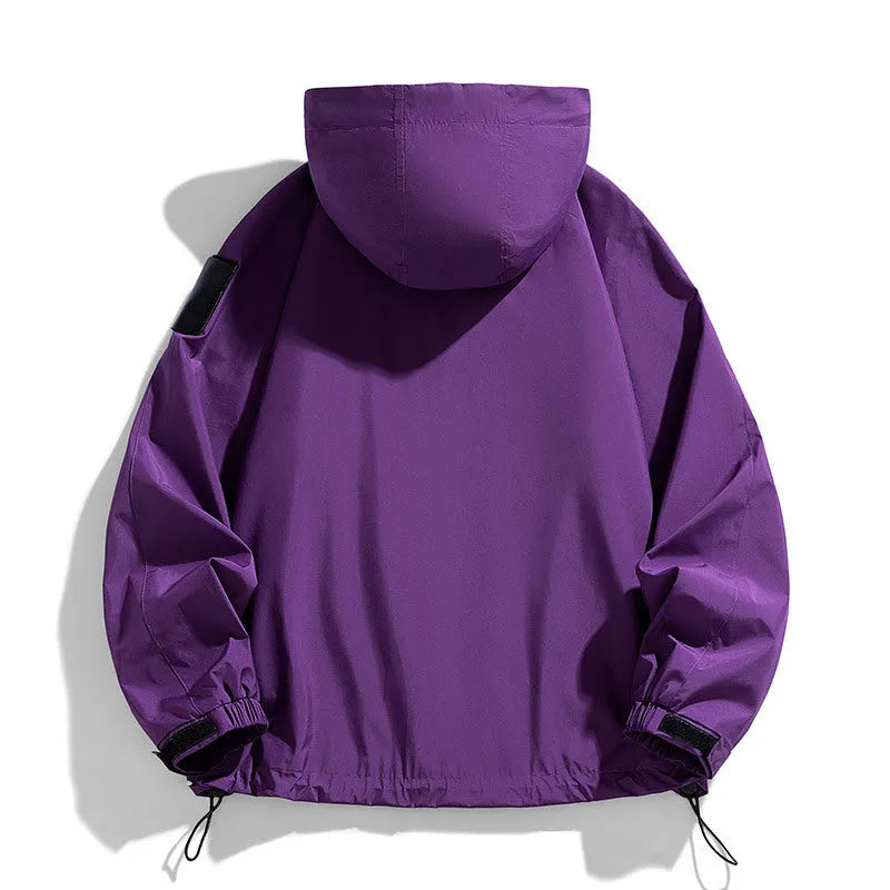 Men's windproof waterproof hooded coat in black, purple or ginger yellow colours with long sleeves