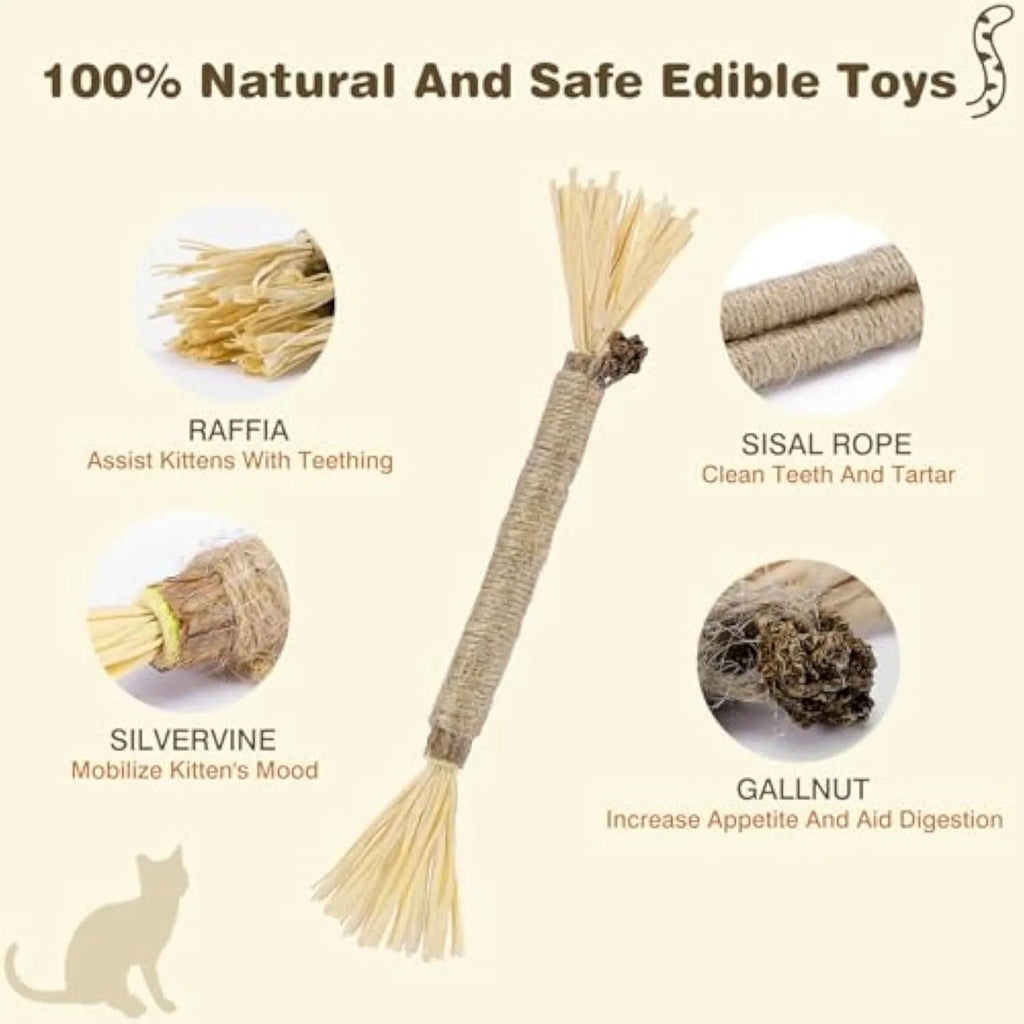 3-pack of natural silvervine chew sticks for cats on a wooden surface