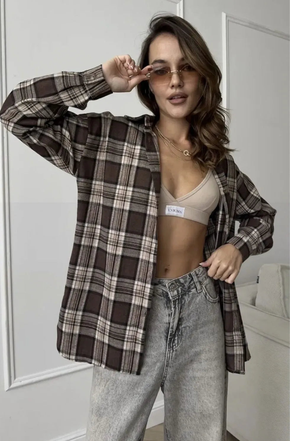 Dark brown striped women's retro shirt with long sleeves and cotton fabric
