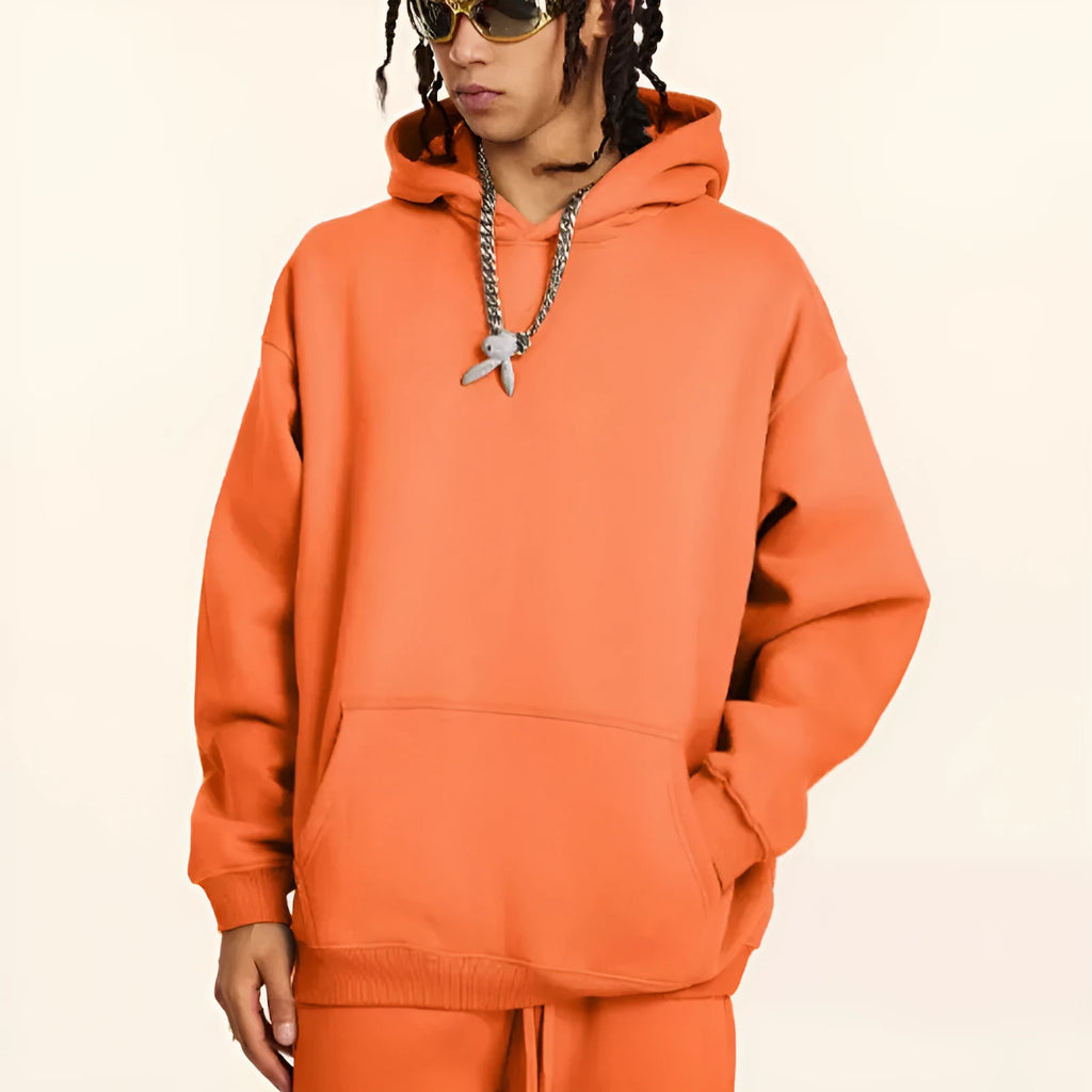 Men's hooded terry cotton sweater in loose fit with drop-shoulder sleeves