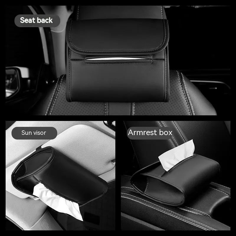 Leather car tissue box with elastic band mounting for sun visor or chair back attachment