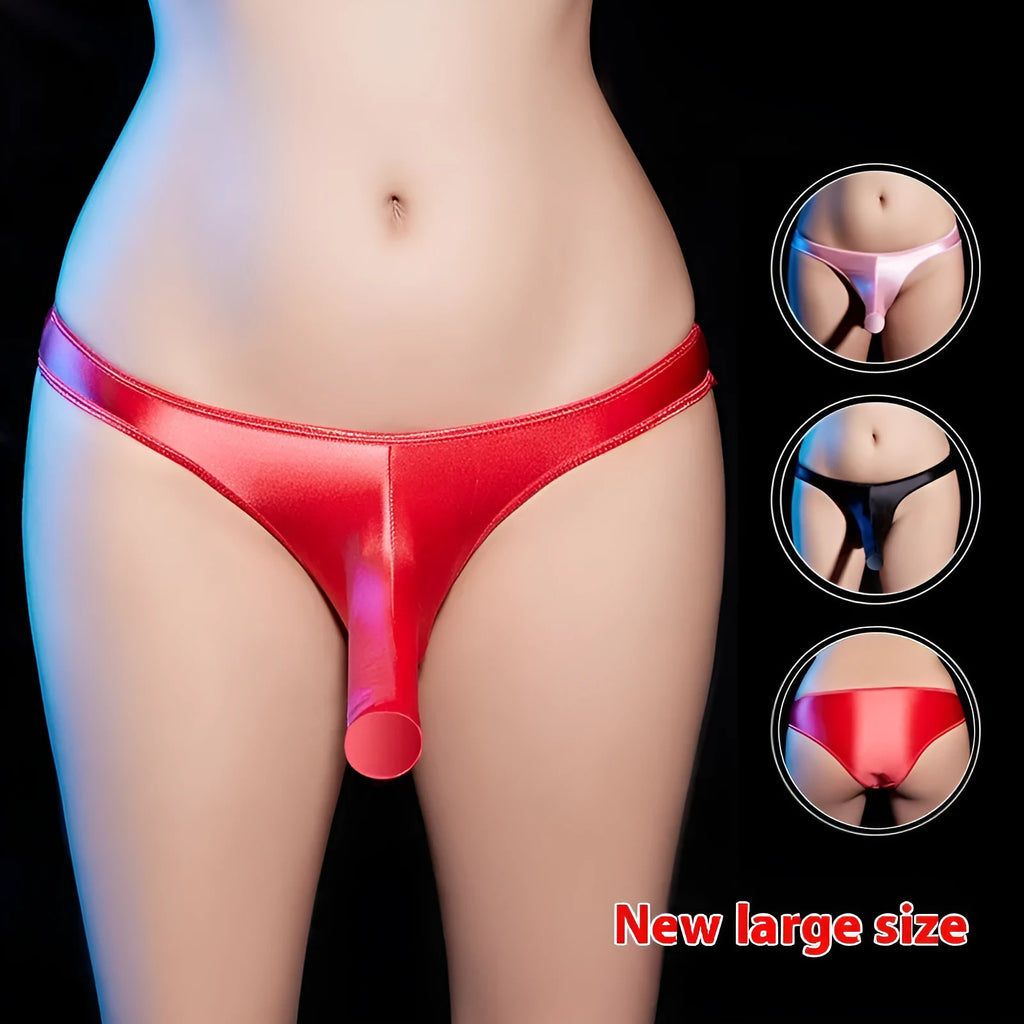 Men's shiny nylon low waist T-back underwear in black, white, red, pink and dark grey colors