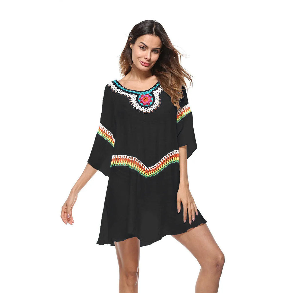 Women's crocheted ethnic style sun protection clothing beachwear in apricot colour