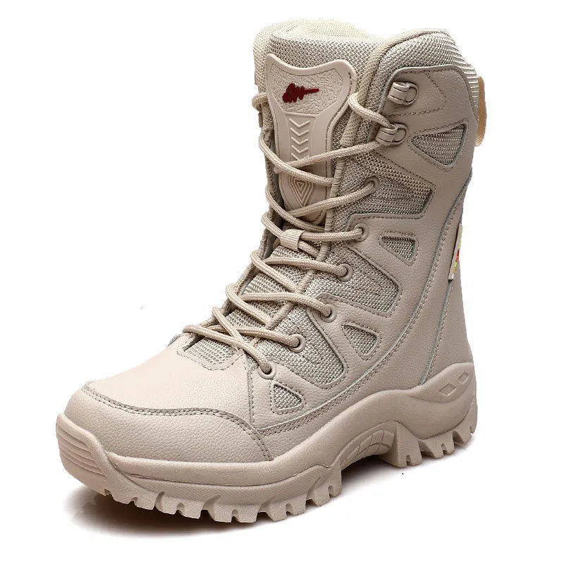 Cowhide leather hi-top hiking shoes in black, brown, and beige colours for outdoor activities