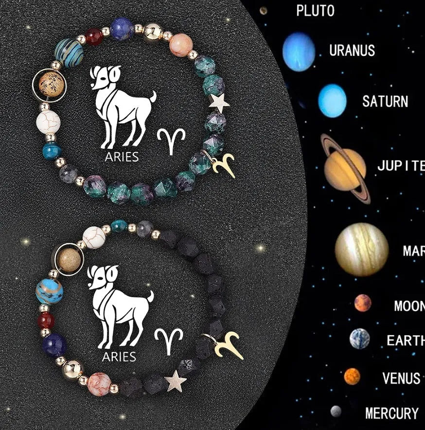 Set of twelve beaded bracelets with natural stone beads on adjustable cords, each representing a different zodiac sign.