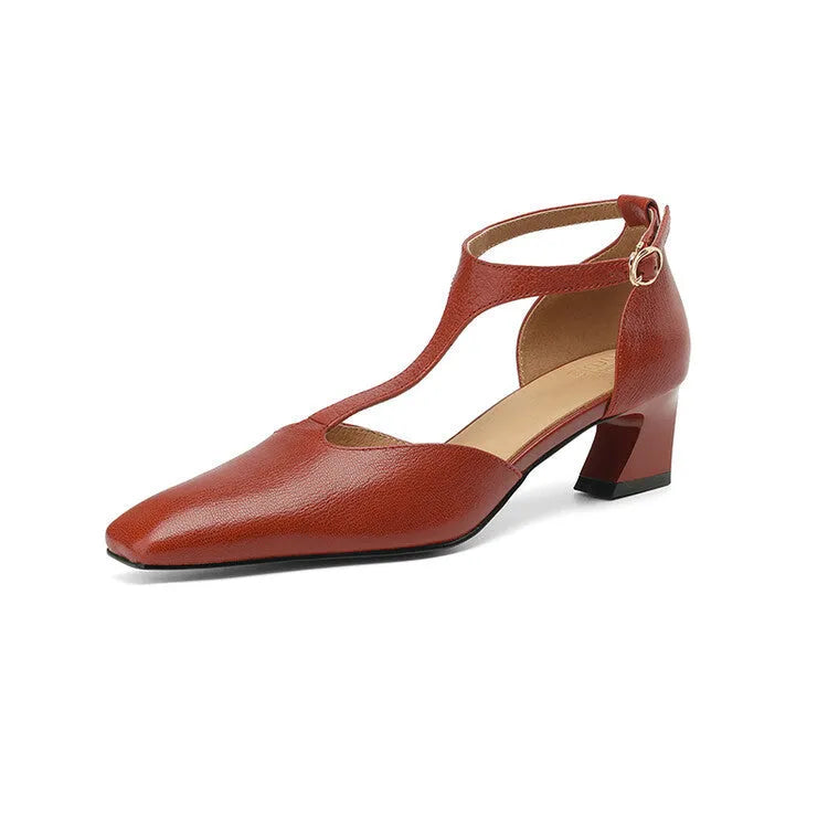 Wine red women's high heels with a square toe, chunky heel, buckle fastening, and visible stitching.