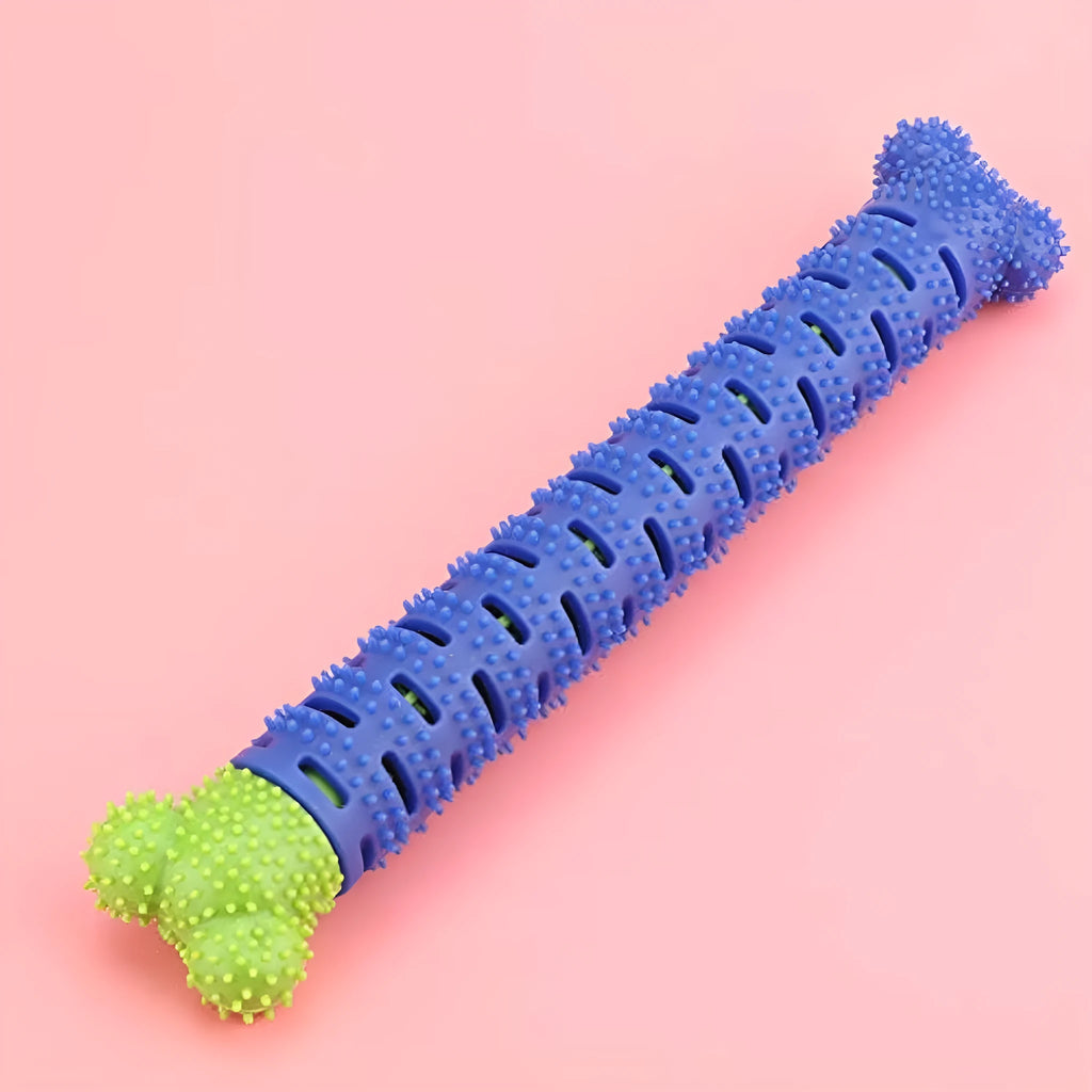 Blue and green silicone dog molar tooth cleaner chewing stick with textured brush head, 25cm long