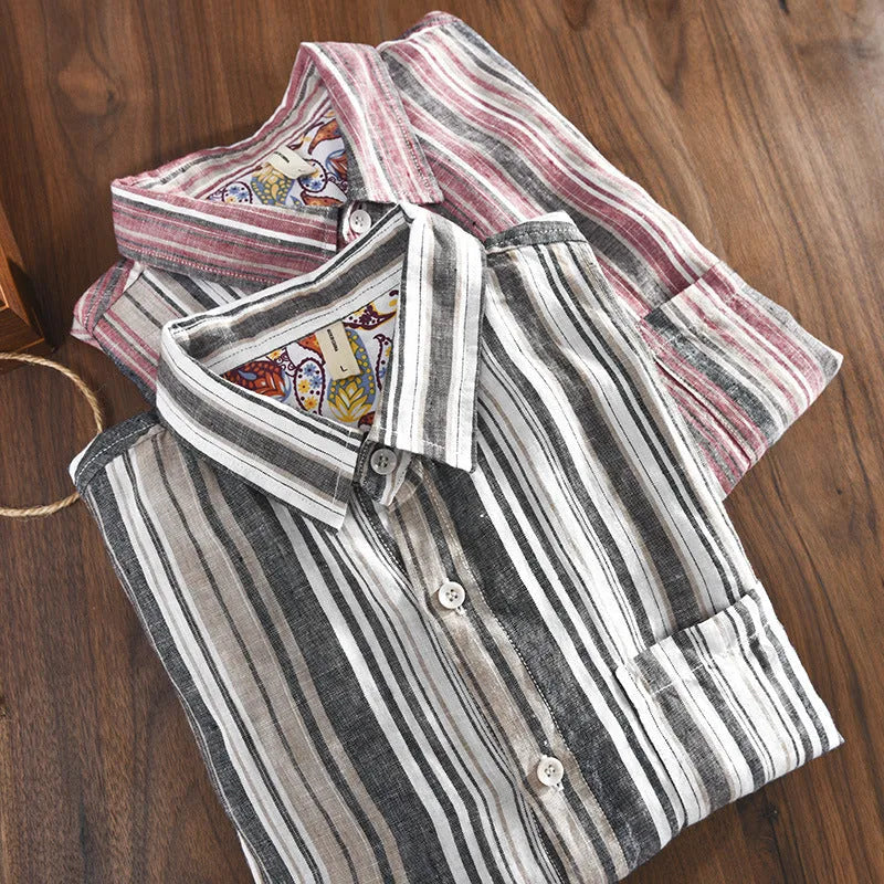 Men's grey striped linen shirt with long sleeves loose fit casual wear