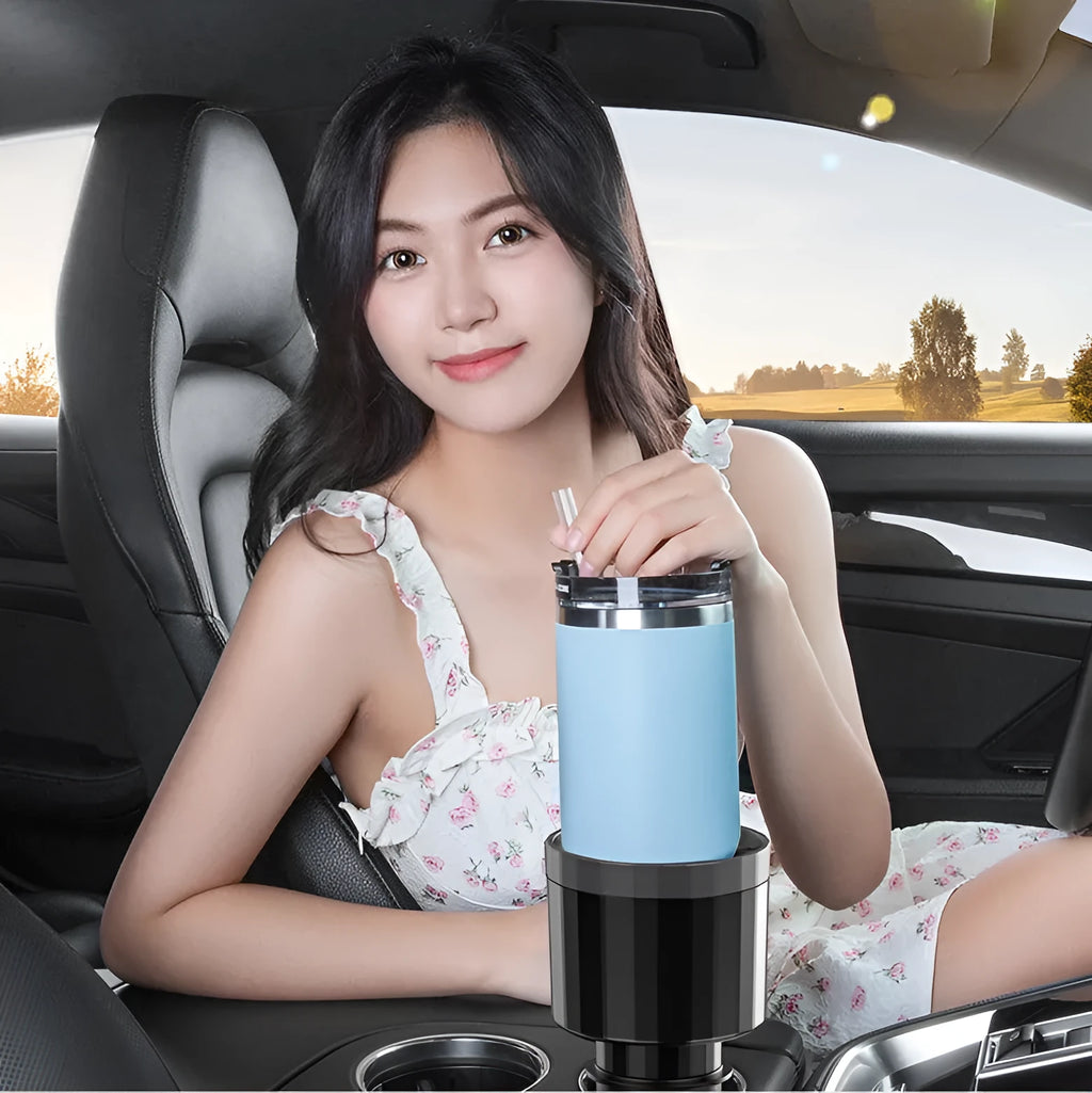 Matte black adjustable car cup holder expander for oversized bottles and thermoses.