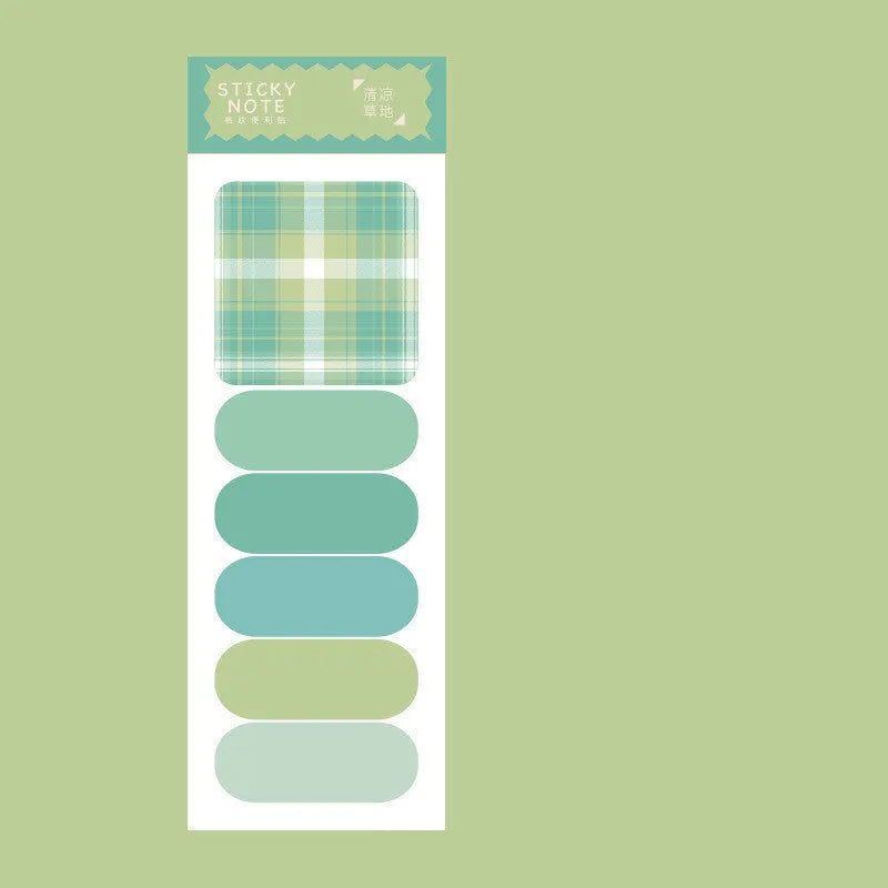 Colourful plaid design memo pad sticky notes in eight colour options showing Spring Garden and Twilight Coast covers