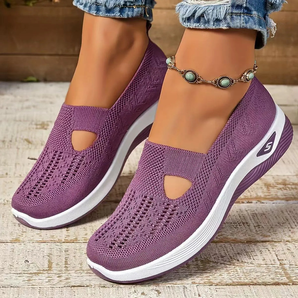 Casual mesh mom shoes with T-shaped strap and soft PVC sole in multiple colour options
