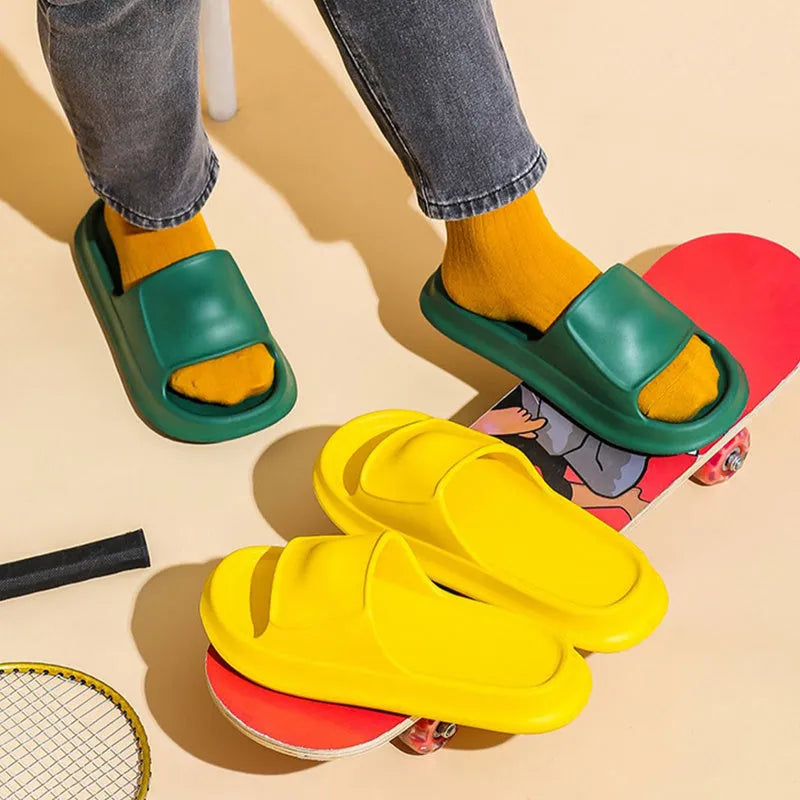 Soft EVA flip-flop slippers with thick non-slip soles in multiple colours on a white background.