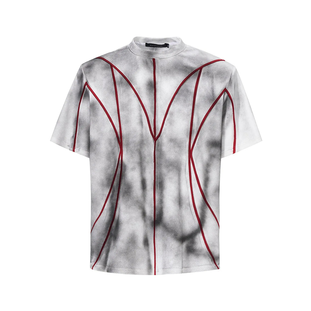 Women's light grey T-shirt with padded shoulders and textured white line patchwork detail on the front.