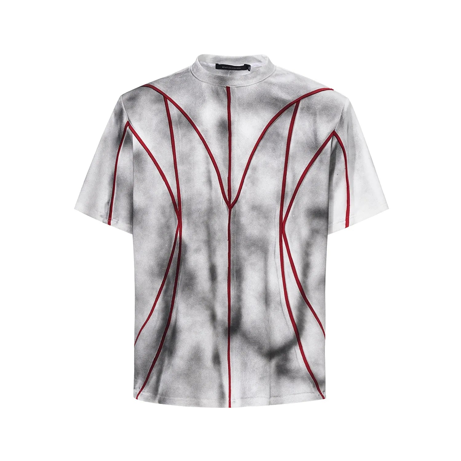 Women's light grey T-shirt with padded shoulders and textured white line patchwork detail on the front.