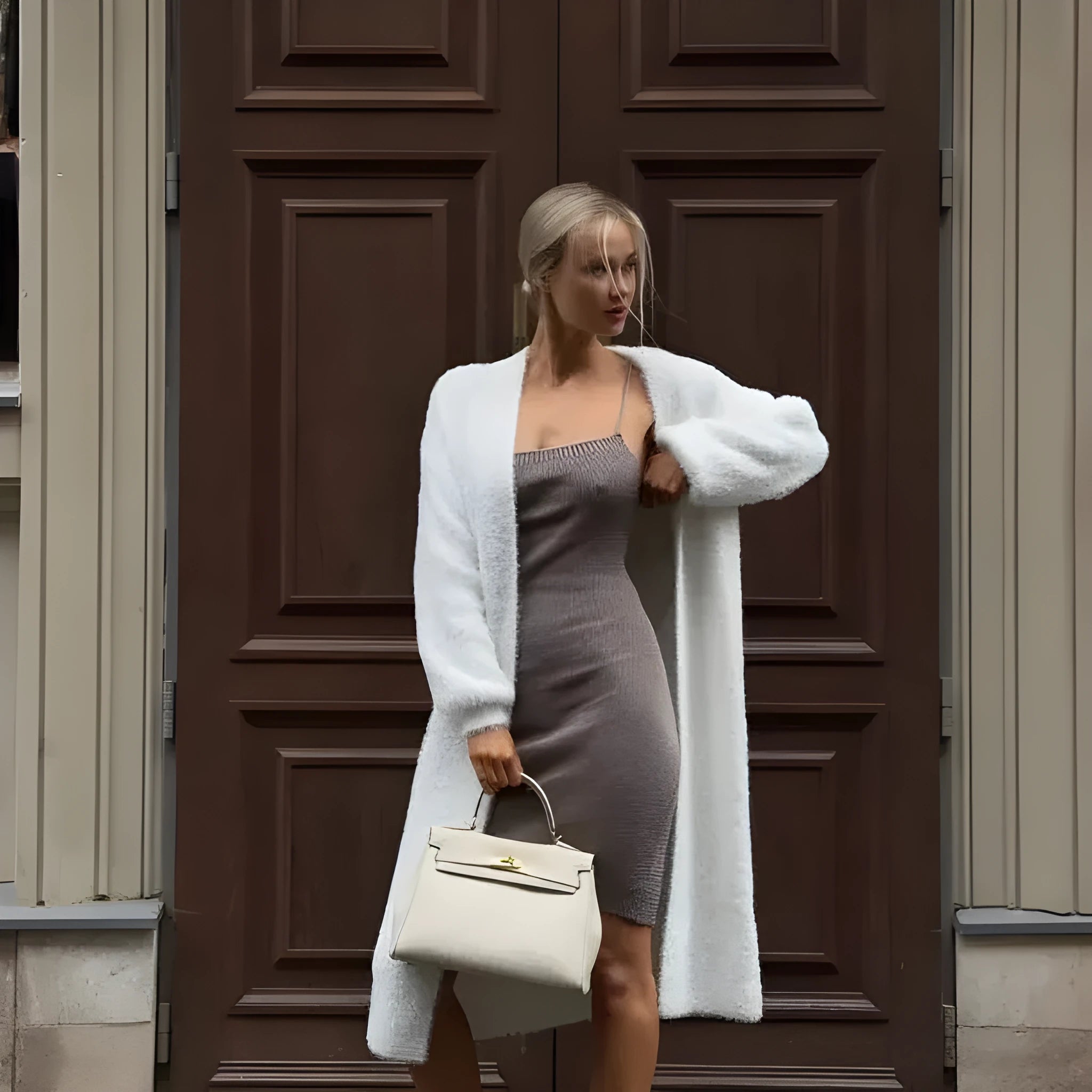 White knitted cardigan jacket with long sleeves and loose fit, shown as a versatile women's outerwear garment