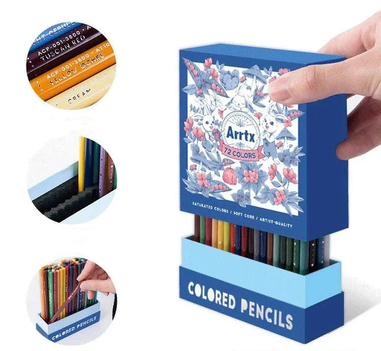 Boxed set of 72 or 126 coloured pencils with basswood holders for art students.