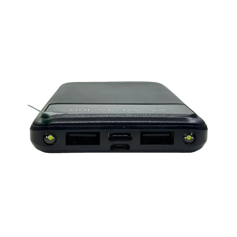 Black ultra-thin power bank with 10000mAh capacity showing fast charging capability