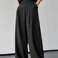 Black men's vertical striped pleated casual trousers with elastic waist