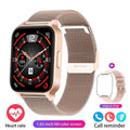 Smart health watch with colour screen on a black mesh metal strap, showing heart rate and step data.