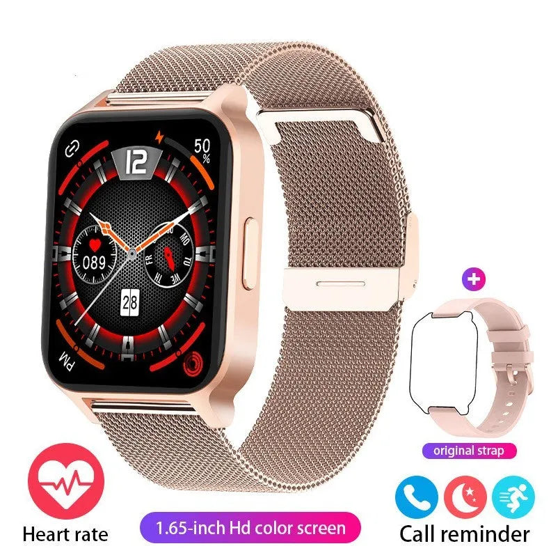 Smart health watch with colour screen on a black mesh metal strap, showing heart rate and step data.