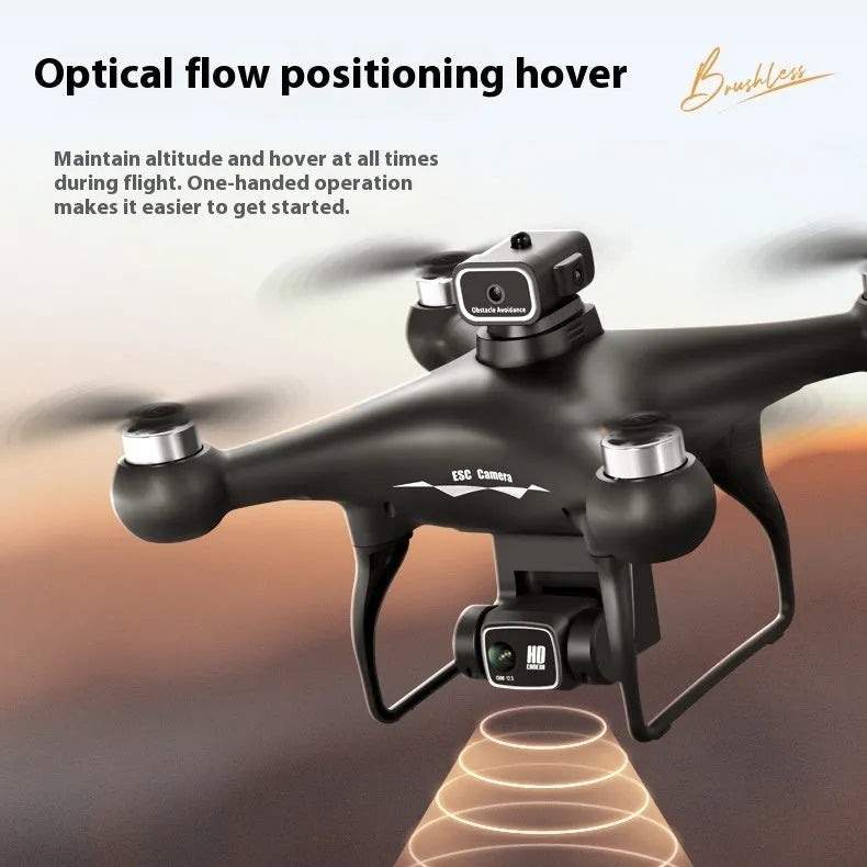 Black S116 brushless quadcopter drone with four rotors and a dual HD camera on a white background