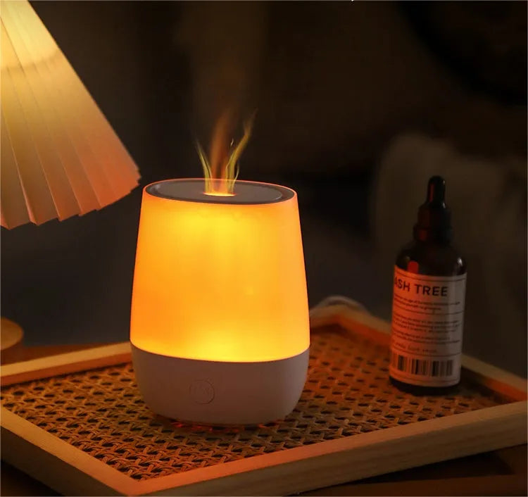 White USB aromatherapy diffuser with simulation flame effect showing dimensions and Type-C connection
