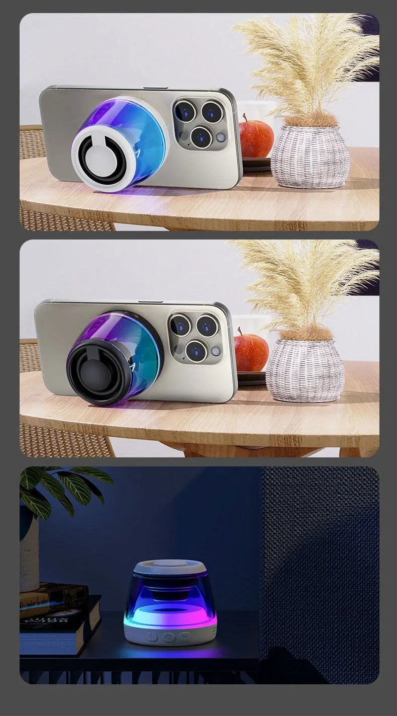 Compact black or white portable Bluetooth speaker with magnetic base and built-in ambience lighting.