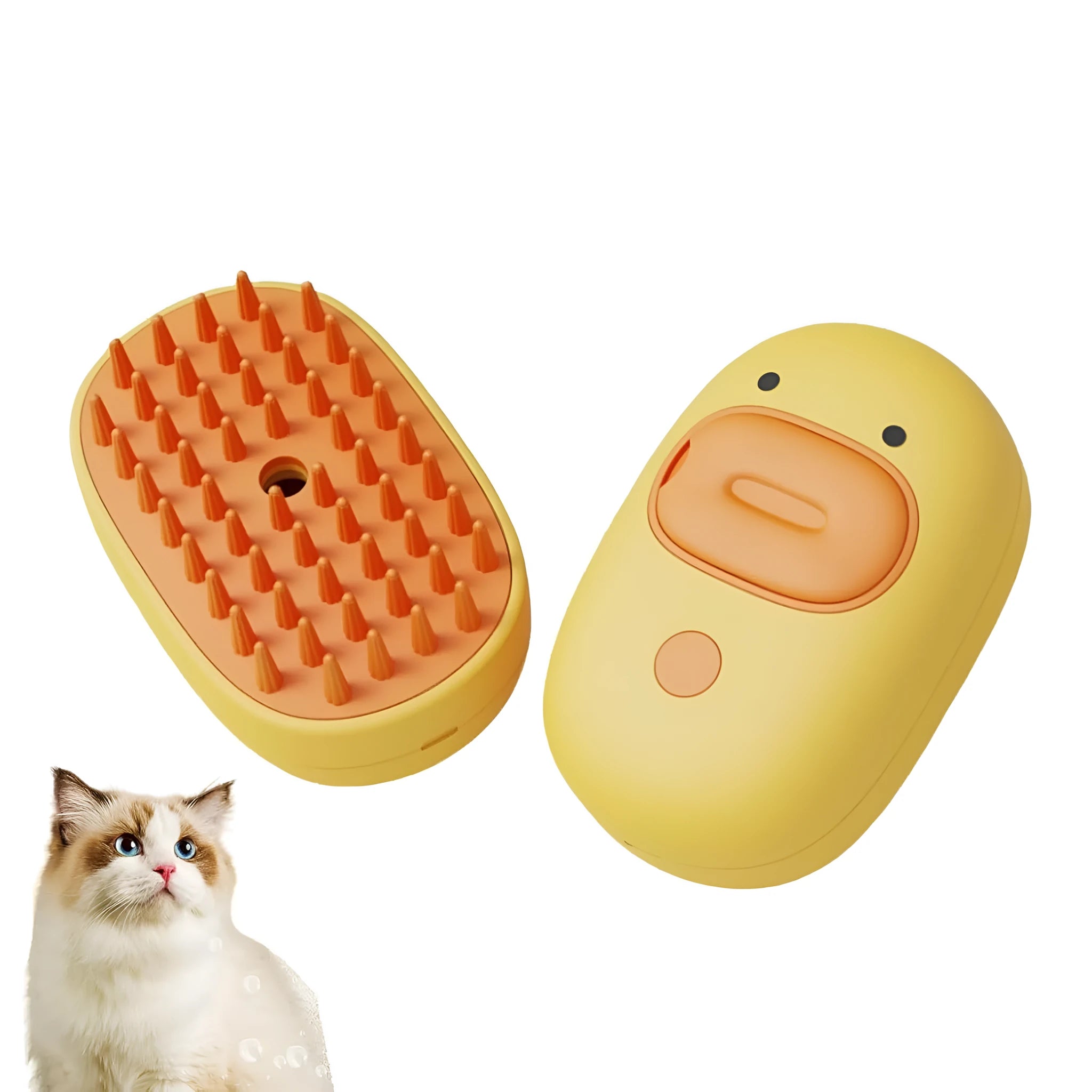 White rechargeable cat and dog steam brush with rubber comb teeth and water tank.