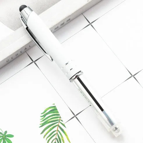 Red multifunctional metal ballpoint pen with capacitive stylus tip and LED light