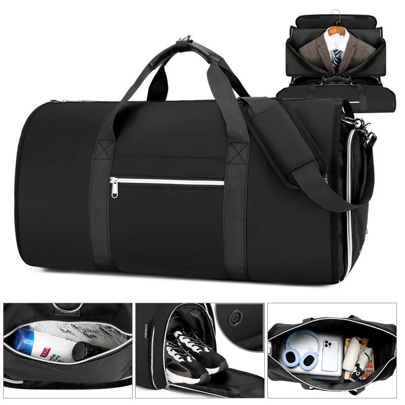 Grey waterproof oxford cloth sports bag with expansion feature and organisational compartments