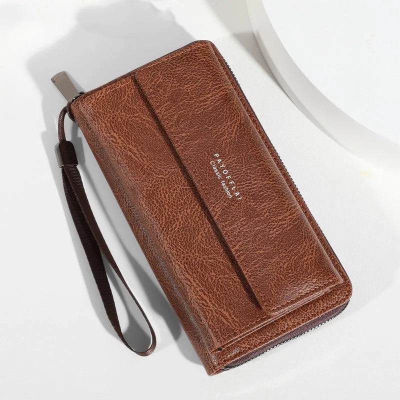 Men's long black PU leather wallet showing multiple card slots, laid flat to show 19cm length