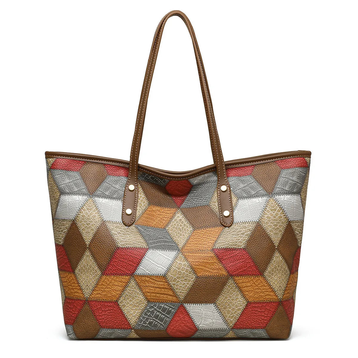 Women's large capacity PVC handbag in blue brown colour with sandwich pocket design and shoulder strap