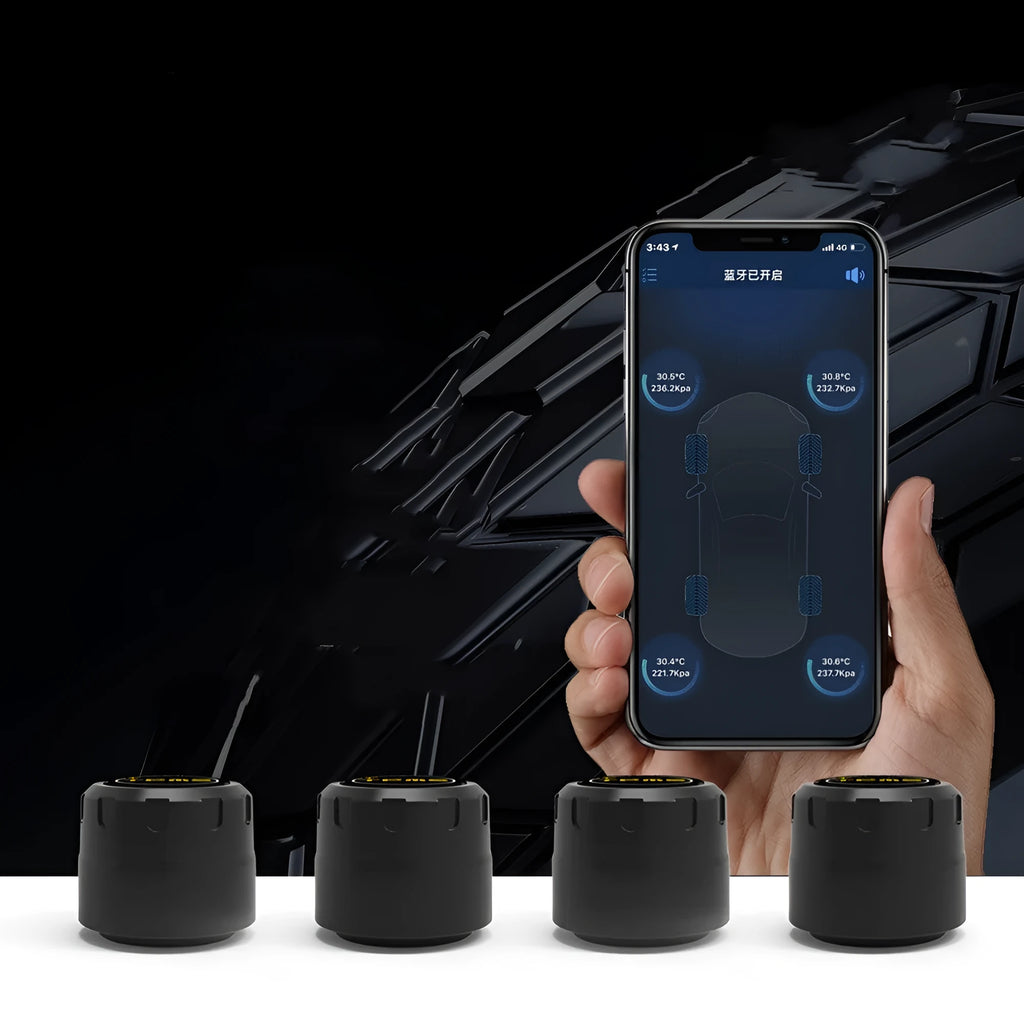 Black Bluetooth tire pressure monitoring system with four external sensors, wrench, and anti-theft screws