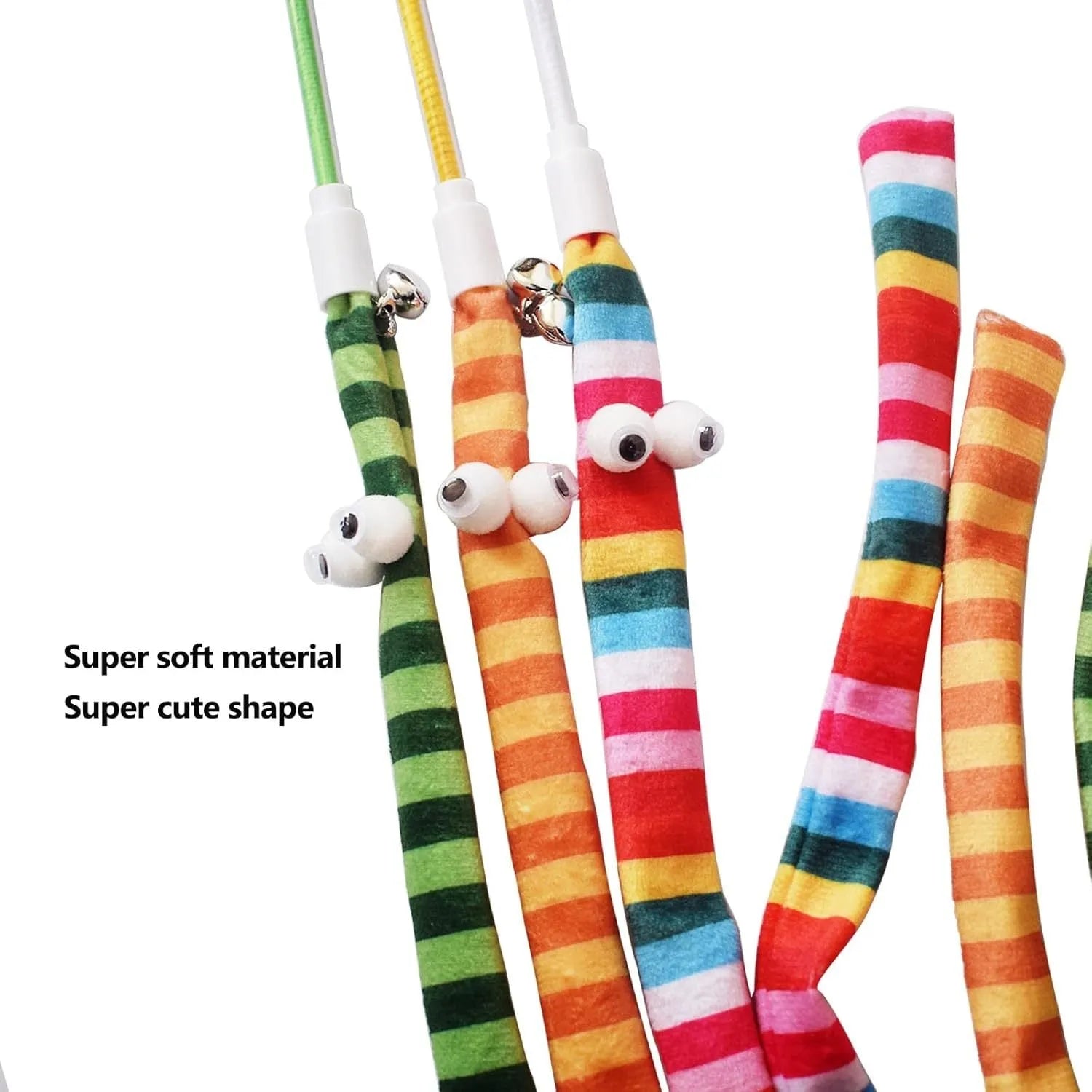 Long plush cat teaser wand toy with polycarbonate handle and colourful soft strip