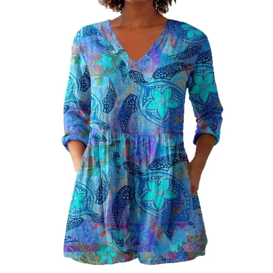 Women's retro slim fit long-sleeved top with digital print pattern in polyester fabric