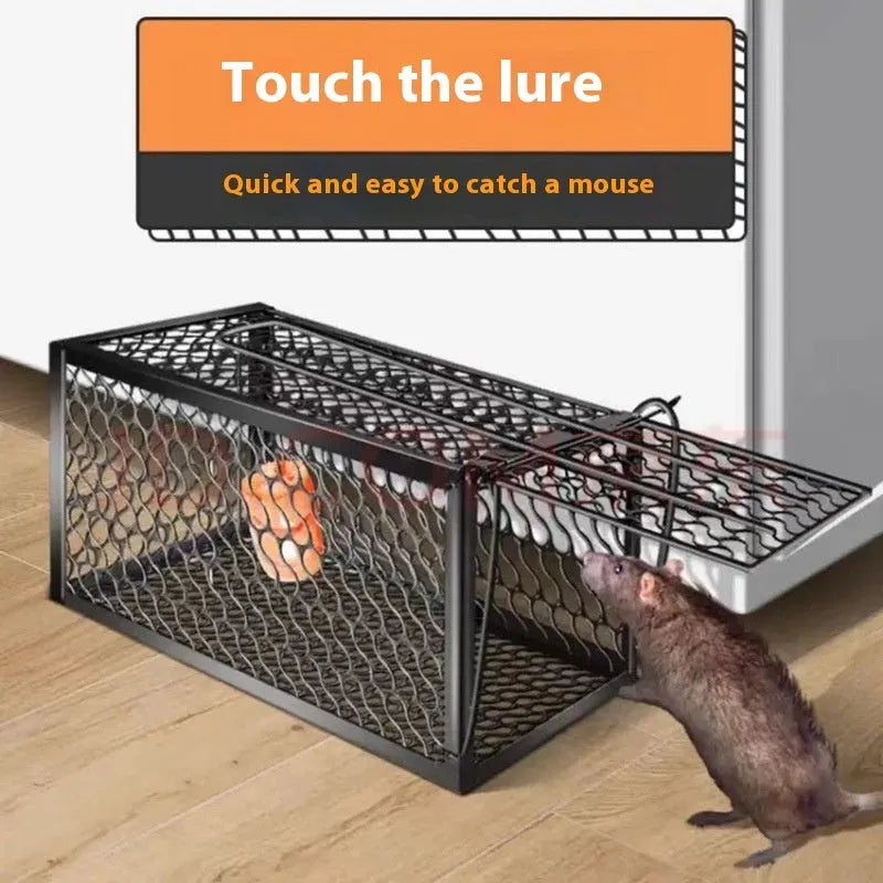 Automatic mouse trap cage with metal spring mechanism and plastic housing in multiple sizes for indoor rodent control