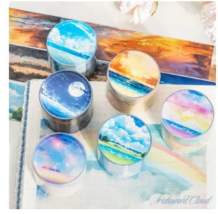Japanese paper washi tape roll with celestial sky designs including twilight and colourful clouds patterns
