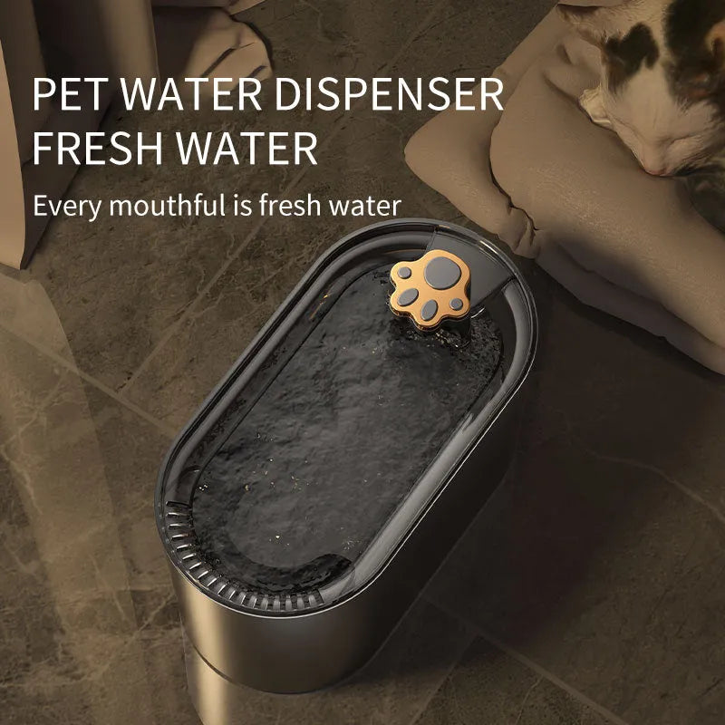 Blue automatic pet water fountain with filter on a floor next to a cat
