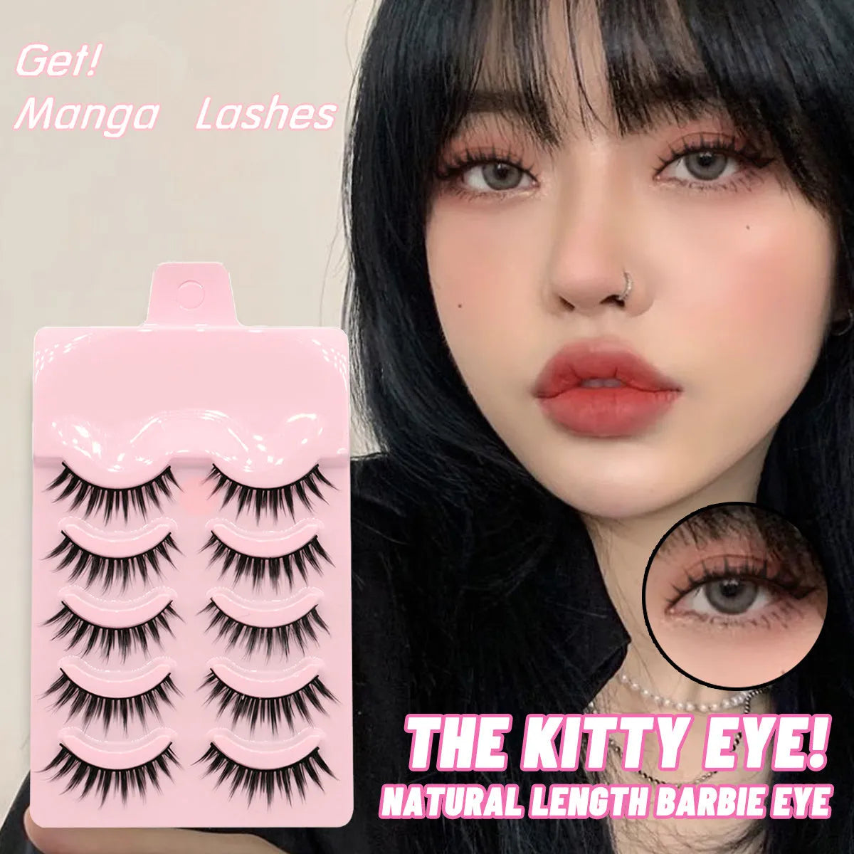 5 pairs of manga-style false eyelashes on a black strip, showing natural wispy Korean makeup look.