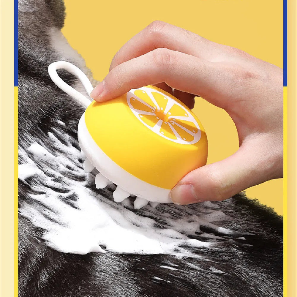 Yellow silicone pet bath brush with 3D massage head and combed hair attachment for dog and cat grooming