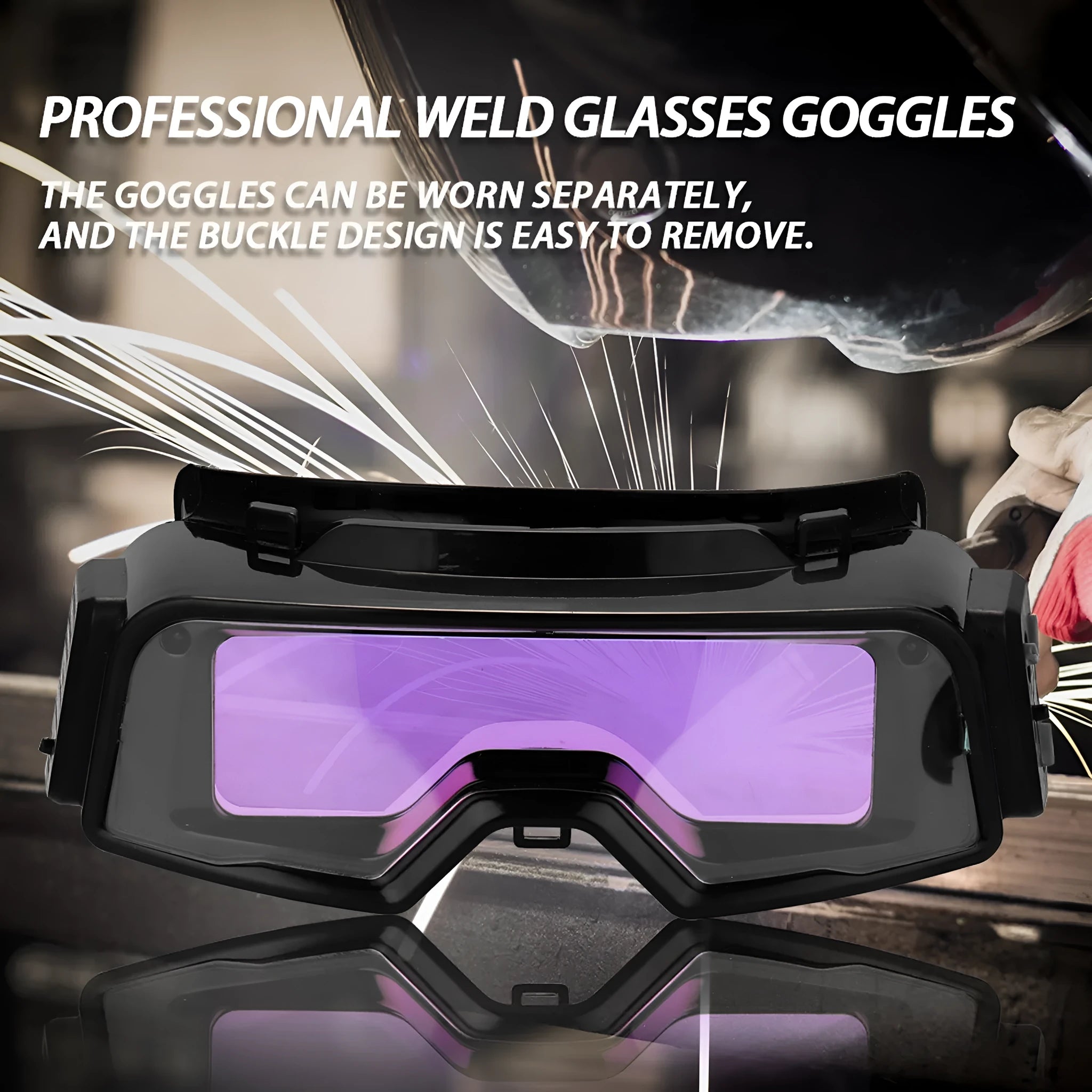 Black automatic darkening welding mask goggles with a wide rectangular lens.