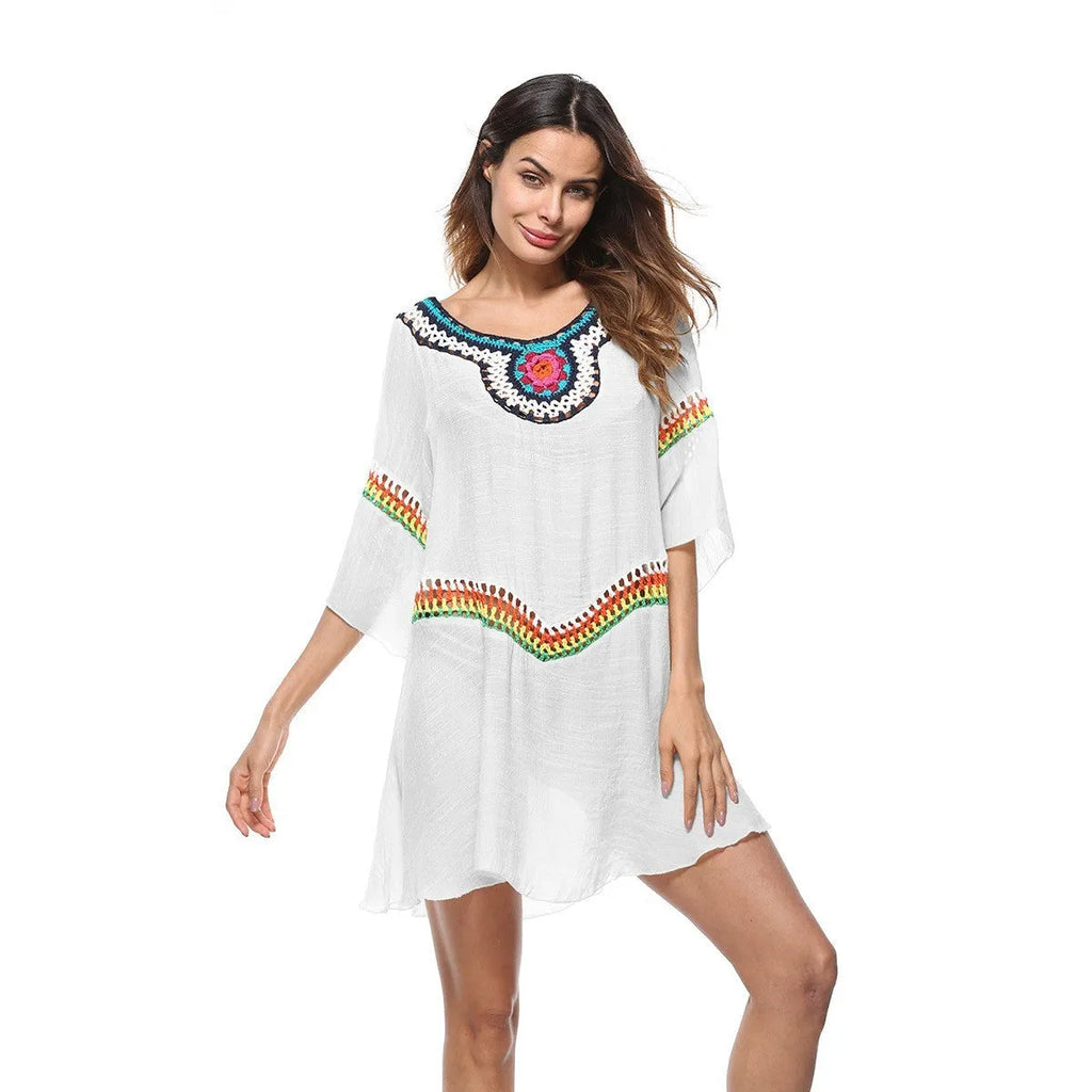 Women's crocheted ethnic style sun protection clothing beachwear in apricot colour