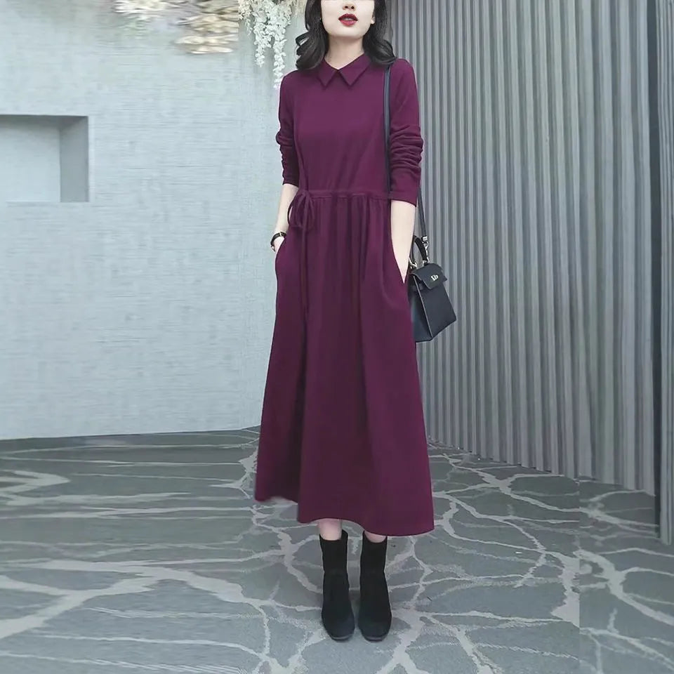 Purplish red plus size women's dress with extra long sleeves and long skirt length