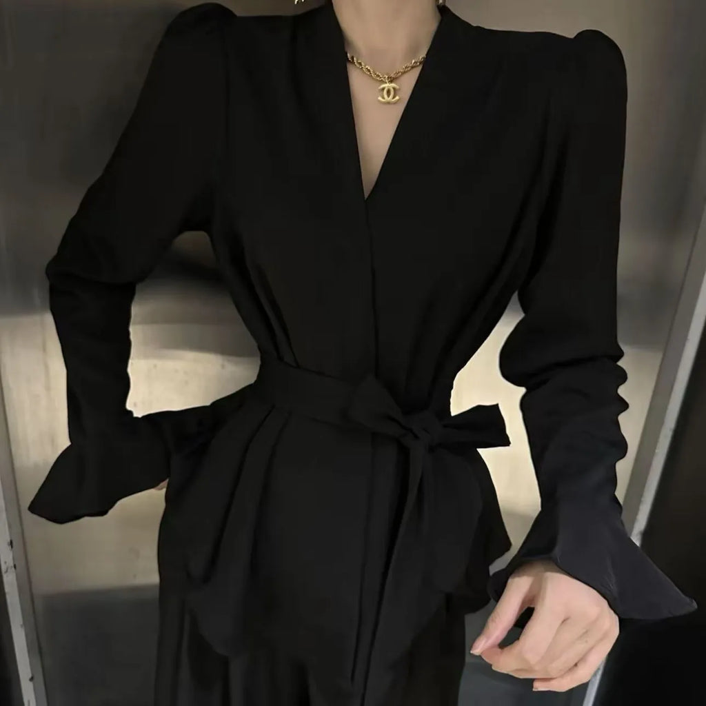 Women's French-style irregular collar shirt with long bell sleeves and tied front detail in polyester fabric