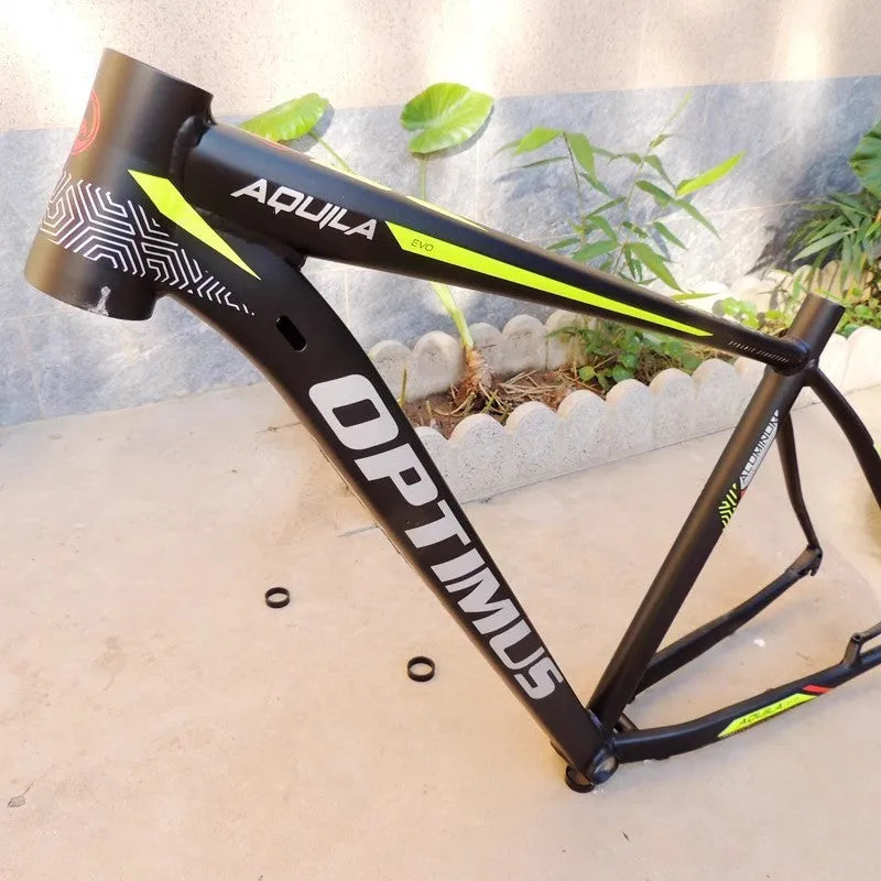 Black green aluminium mountain bike frame with internal cable routing for 29-inch wheels