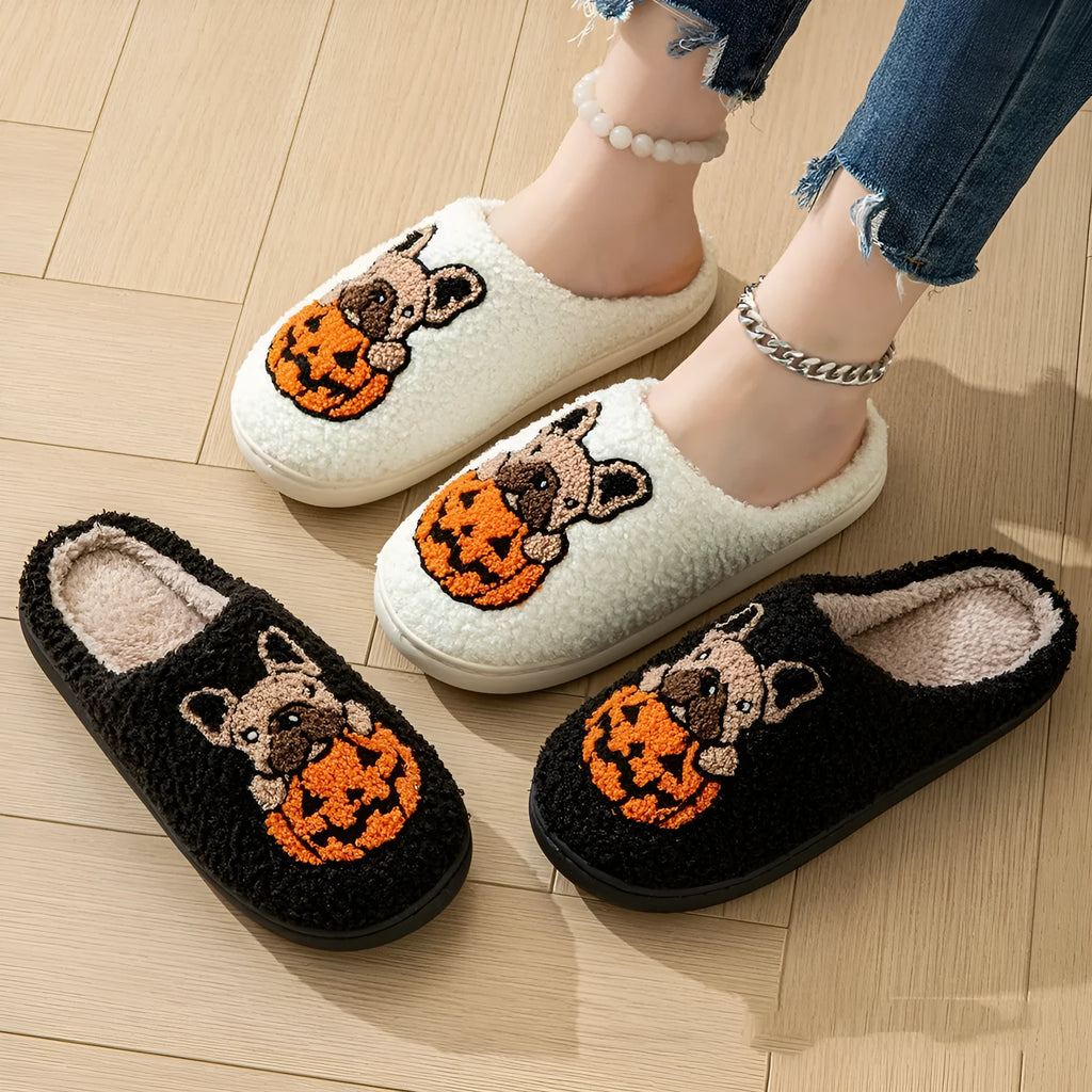Halloween pumpkin themed plush slippers with non-slip rubber soles