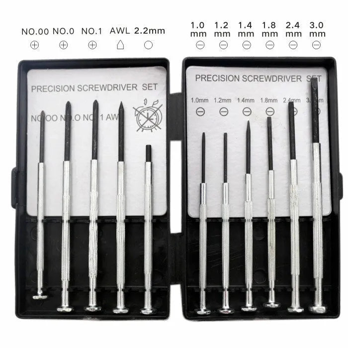 TH-6177 11-piece clock screwdriver set with multiple head types on a workbench.